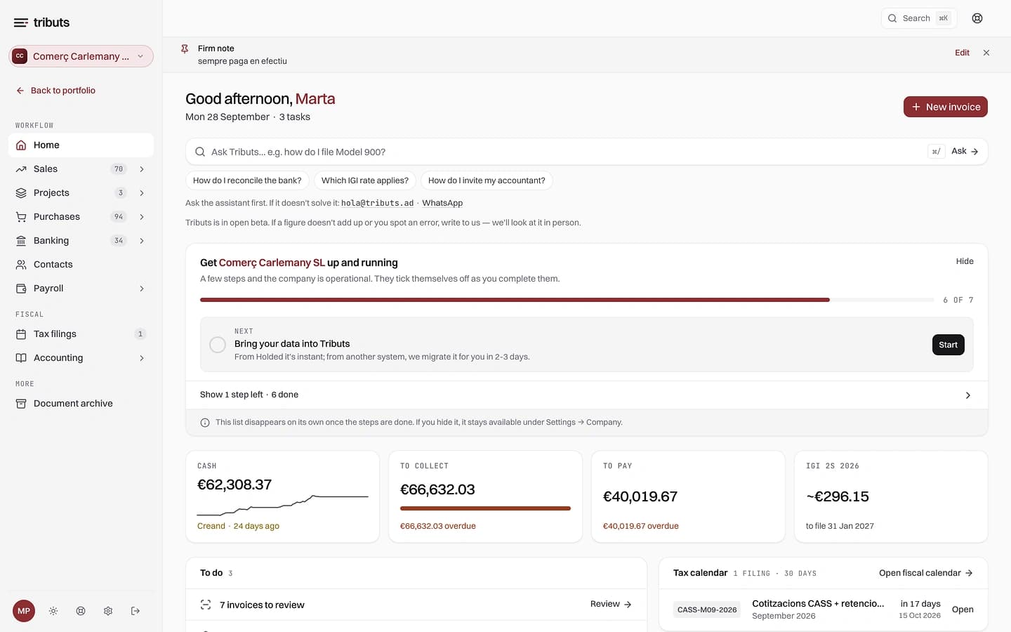 Tributs home dashboard